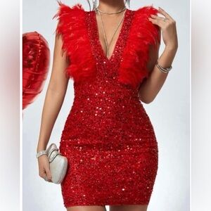 Red Sequin Dress with Feather Accents